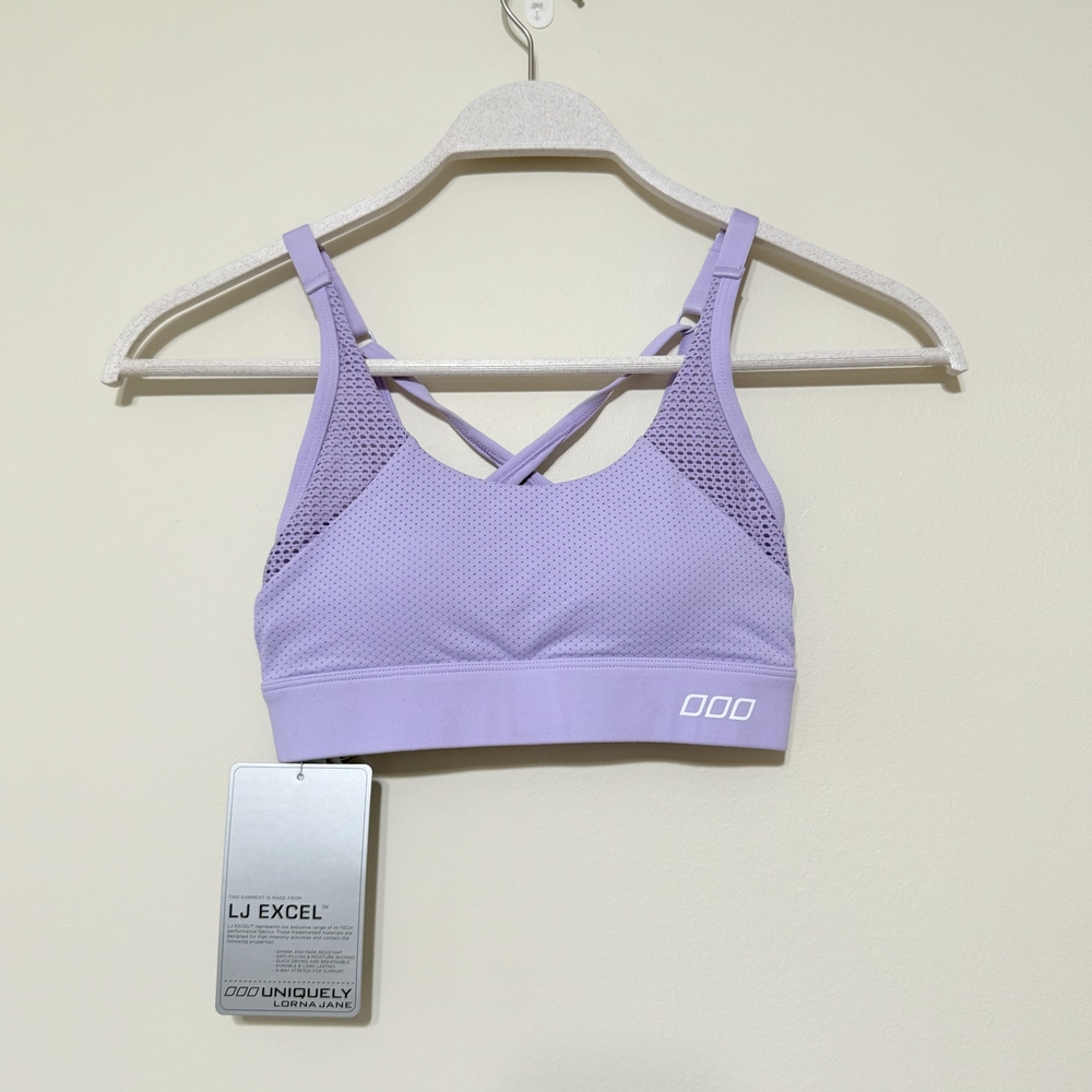 Lorna Jane Padded Sports Bra Hook Clasp Back Mesh Cross Strap Lilac Light Purple